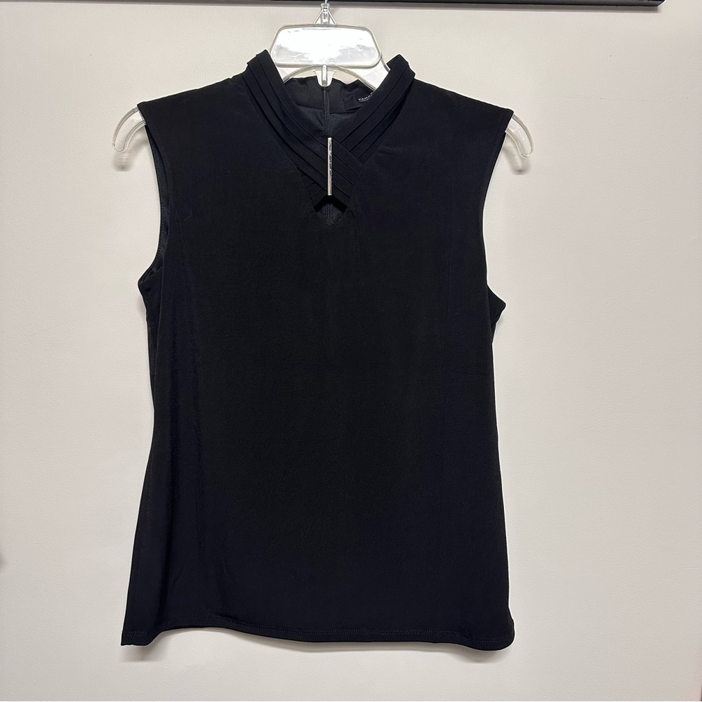 Tahari Silver Bar Keyhole Sleeveless Black Folded Mock Neck Women's Top Back Zip